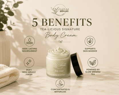 A jar of tea-licious skincare body cream with its lid off, displayed on a marble surface with a towel and leaf shadows. The image features text outlining five benefits of the body cream.