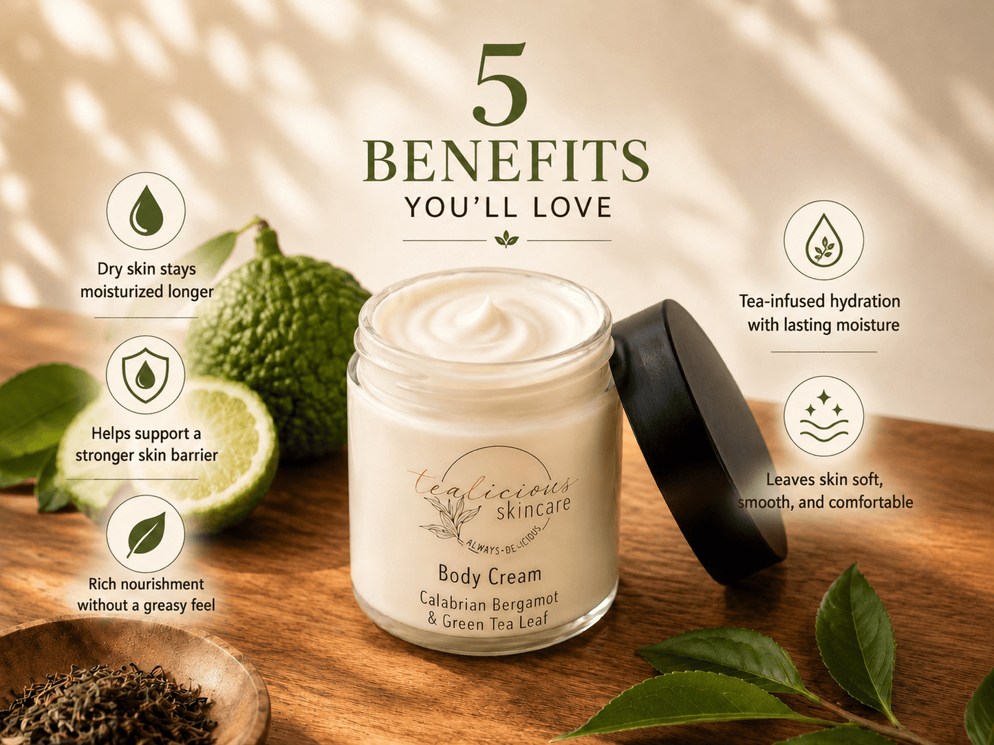 A jar of Calicutian Body Cream with its lid off, displayed on a wooden surface with a green lime, leaves, and text overlays detailing five benefits. The background is a warm beige with soft leaf shadows.