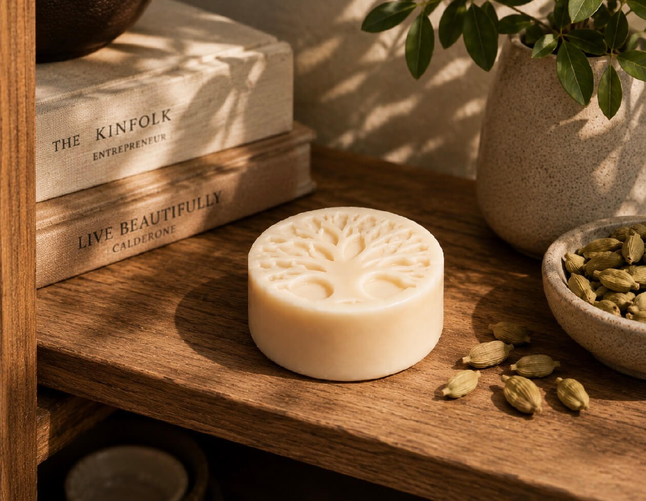 Tea-infused cardamom soap featuring a Tree of Life design on a wooden shelf with whole cardamom pods and natural botanical styling.