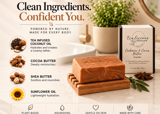 Tea-licious Cashmere & Cocoa Butter soap with tea-infused coconut oil, cocoa butter, shea butter and sunflower oil highlighted.