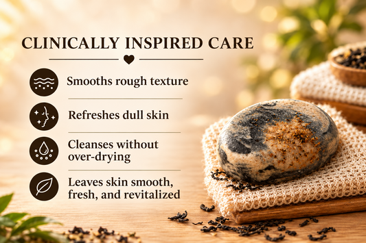 Tea-infused soap benefits infographic highlighting smoother skin texture, refreshed dull skin, gentle cleansing without over-drying, and healthier-looking, revitalized skin beside a handcrafted tea soap bar.
