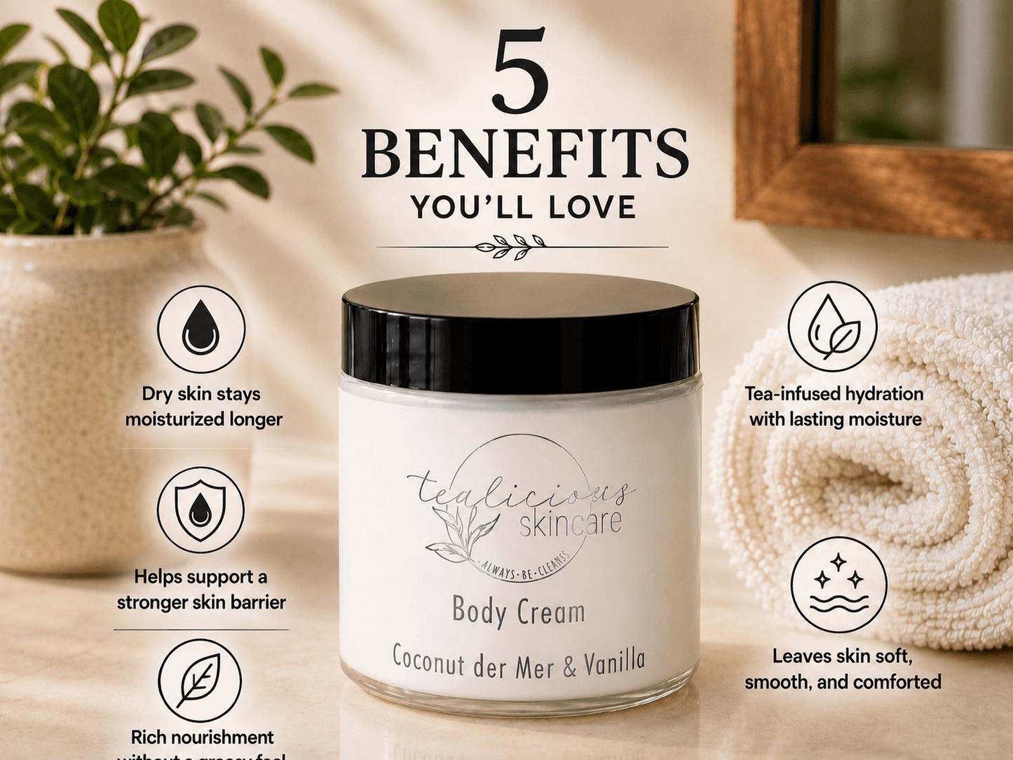 A jar of tea-licious skincare Body Cream is centered on a warm beige background with decorative text and icons highlighting five benefits: dry skin stays moisturized longer, supports a stronger skin barrier, is rich in nourishment, tea-infused hydration lasts longer, and leaves skin soft, smooth, and comfortable.