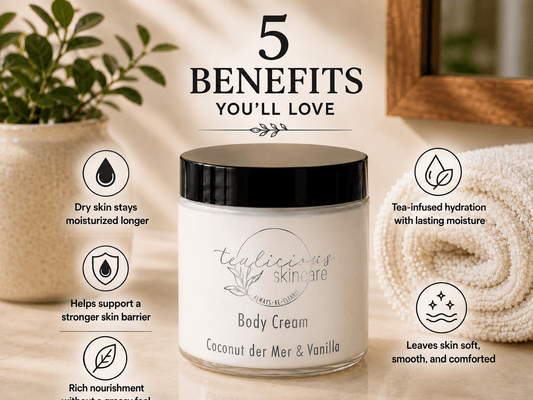 A jar of tea-licious skincare Body Cream is centered on a warm beige background with decorative text and icons highlighting five benefits: dry skin stays moisturized longer, supports a stronger skin barrier, is rich in nourishment, tea-infused hydration lasts longer, and leaves skin soft, smooth, and comfortable.