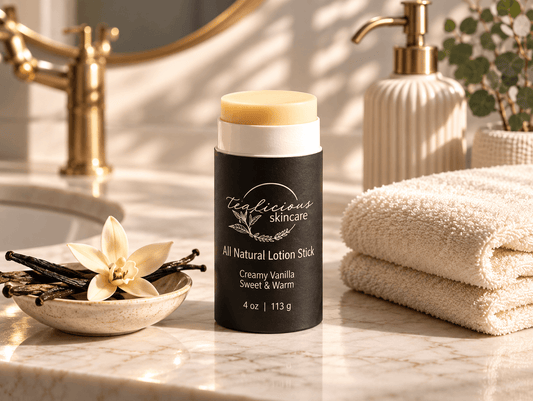 Creamy Vanilla lotion stick displayed on a warm, sunlit bathroom counter with folded towels