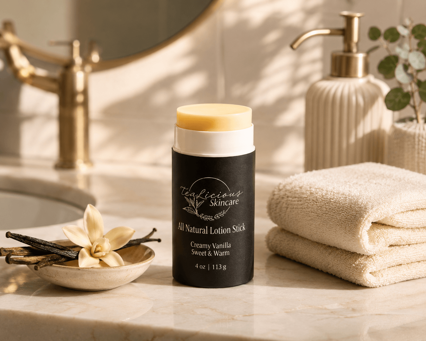 Creamy Vanilla lotion stick displayed on a warm, sunlit bathroom counter with folded towels