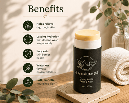 Waterless Creamy Vanilla lotion stick displayed beside a list of five skincare benefits, highlighting lasting hydration, skin barrier support, relief for dry rough skin, a waterless formula with no diluted fillers, and soft, nourished skin in a warm spa-inspired setting.