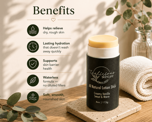 Waterless Creamy Vanilla lotion stick displayed beside a list of five skincare benefits, highlighting lasting hydration, skin barrier support, relief for dry rough skin, a waterless formula with no diluted fillers, and soft, nourished skin in a warm spa-inspired setting.
