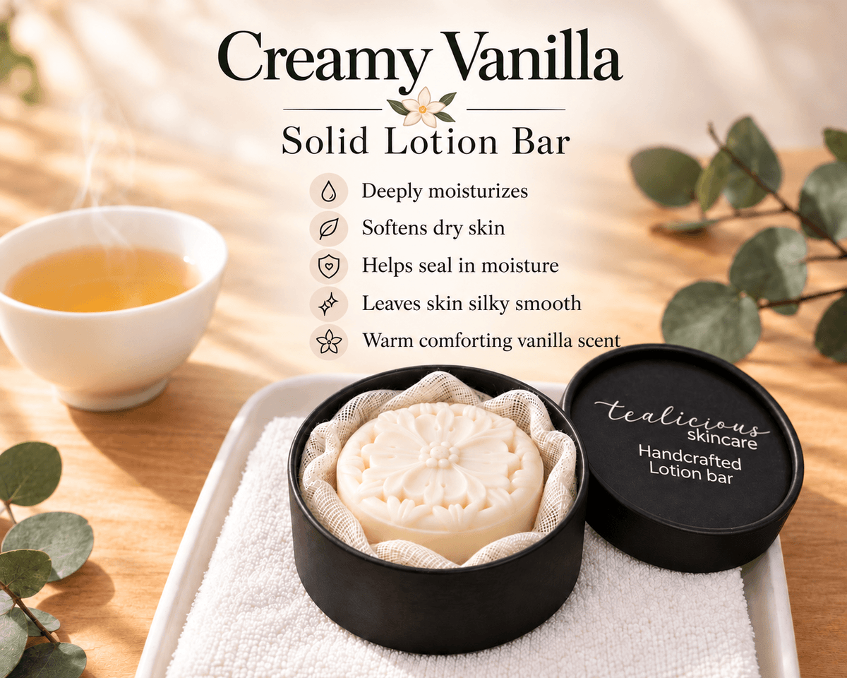 Creamy Vanilla Solid Lotion Bar in black Tea-Licious Skincare packaging with five benefits: deep moisture, softer dry skin, moisture retention, a silky smooth finish, and a warm comforting vanilla scent.