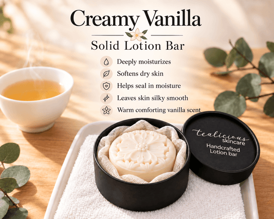 Creamy Vanilla Solid Lotion Bar in black Tea-Licious Skincare packaging with five benefits: deep moisture, softer dry skin, moisture retention, a silky smooth finish, and a warm comforting vanilla scent.