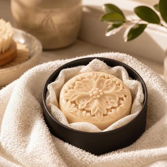 Creamy Vanilla Solid Lotion Bar nestled in soft gauze inside a black Tea-Licious Skincare container, styled on a cream towel in warm natural light.