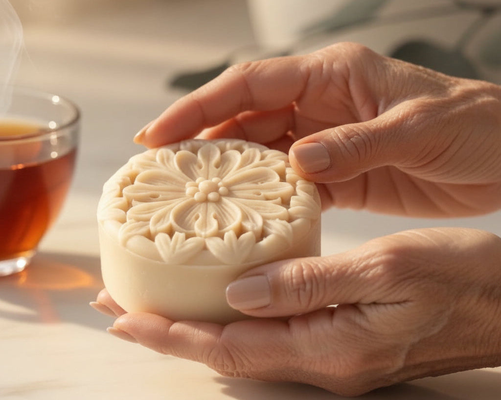 Woman holding a Fig, Black Tea & Cardamom Lotion Bar beside a steaming cup of black tea in warm natural light.