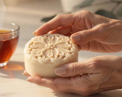 Woman holding a Fig, Black Tea & Cardamom Lotion Bar beside a steaming cup of black tea in warm natural light.