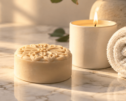 Fig & Black Tea solid lotion bar with floral detail on a marble counter beside a candle and rolled towel in warm natural window light.