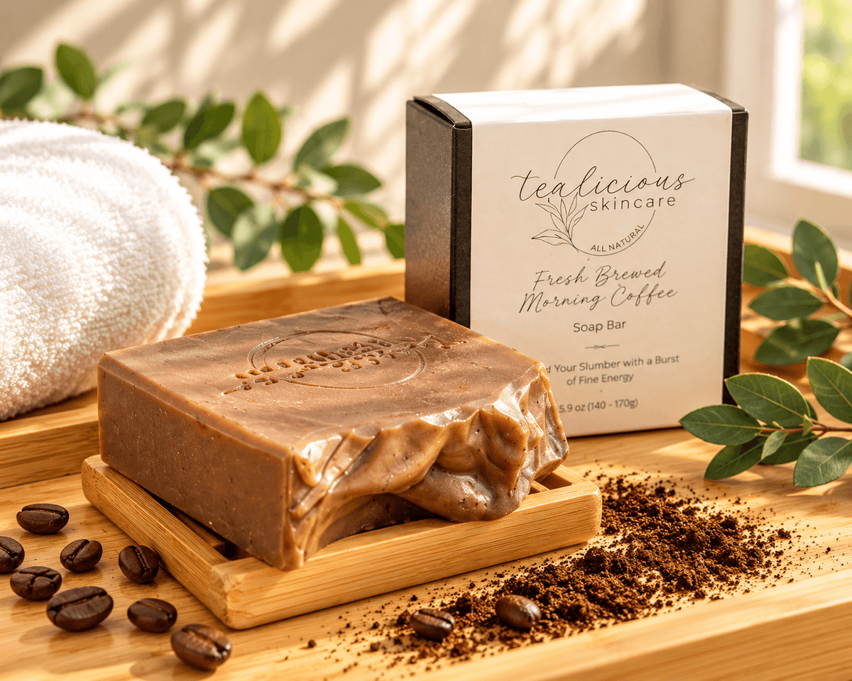 Tea-licious Fresh Brewed Morning Coffee soap on a bamboo rack with coffee beans and grounds in a warm spa setting.