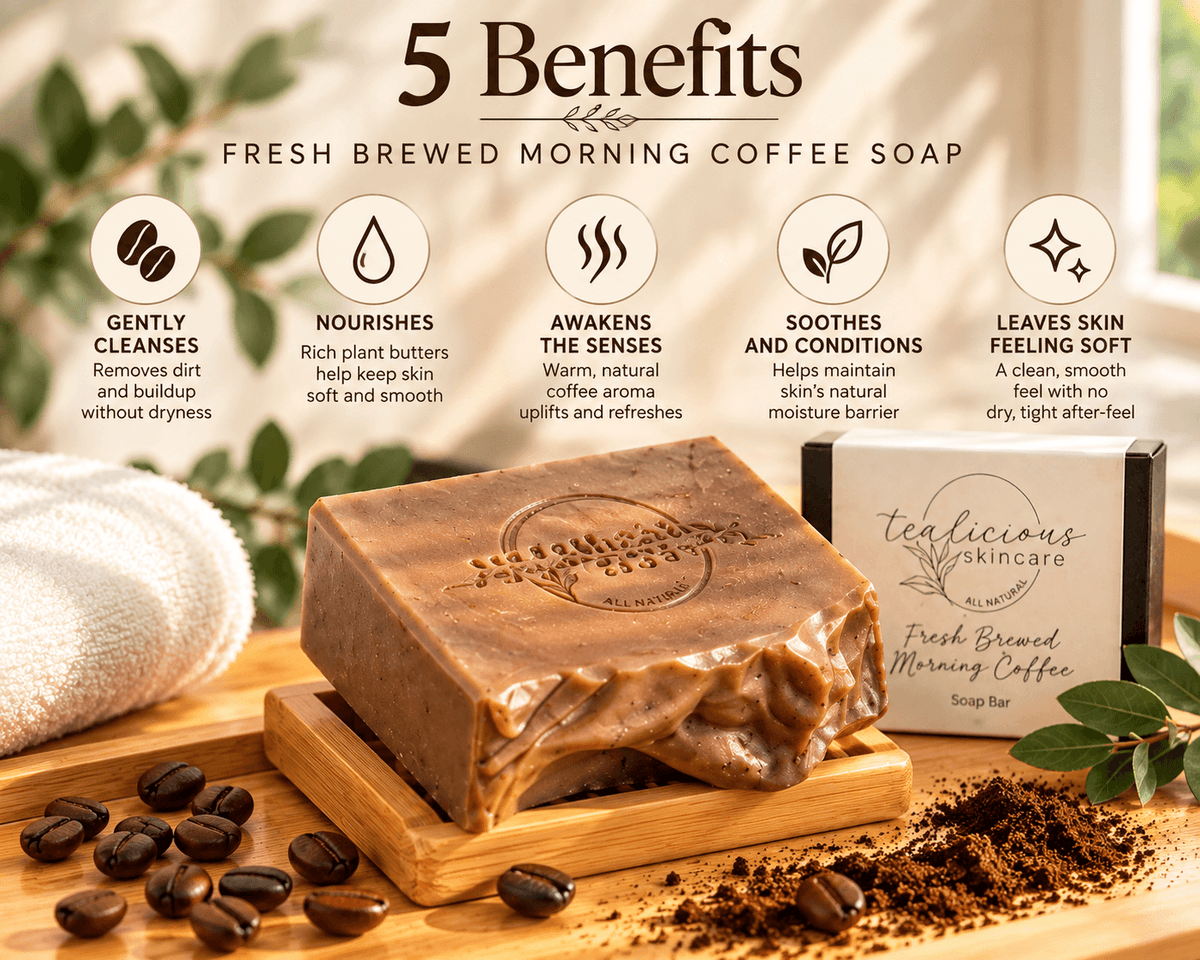 Tea-licious Fresh Brewed Morning Coffee handcrafted soap with coffee beans and grounds describing benefits in a warm bathroom setting.