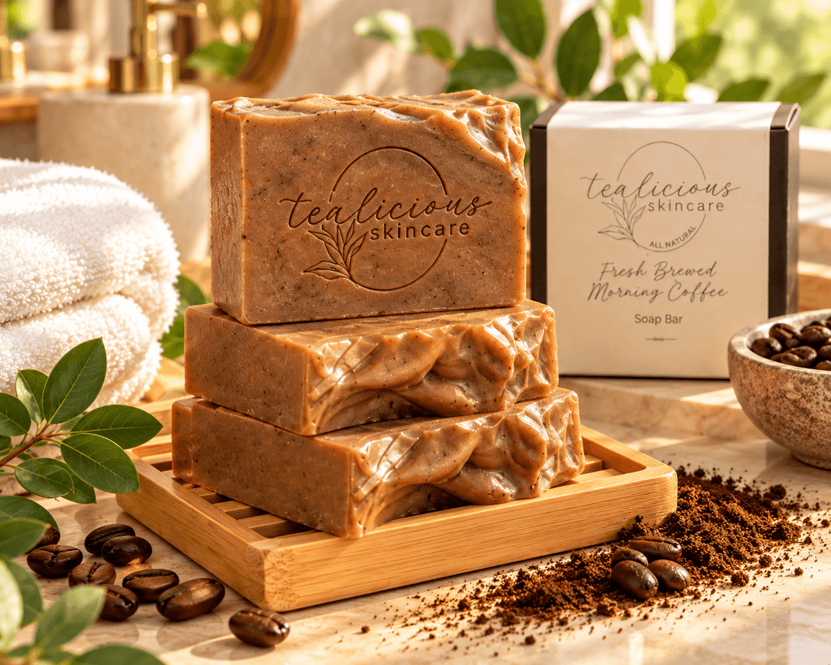     Stack of Tea-licious Fresh Brewed Morning Coffee soap bars with coffee beans and grounds in a warm spa setting.