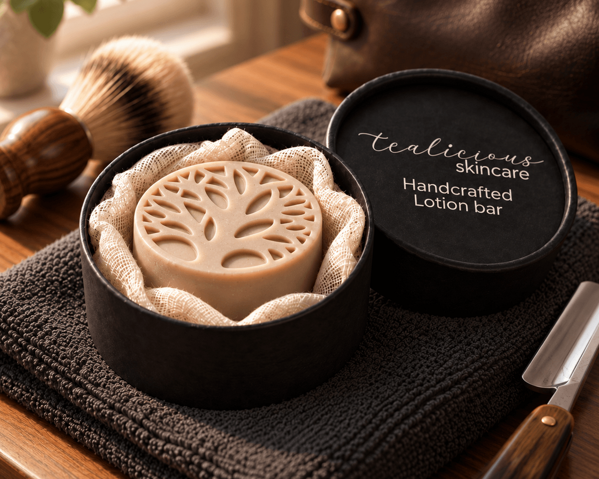 Grapefruit & Bergamot Men’s Lotion Bar in a black Tea-Licious Skincare container beside a shaving brush and razor.