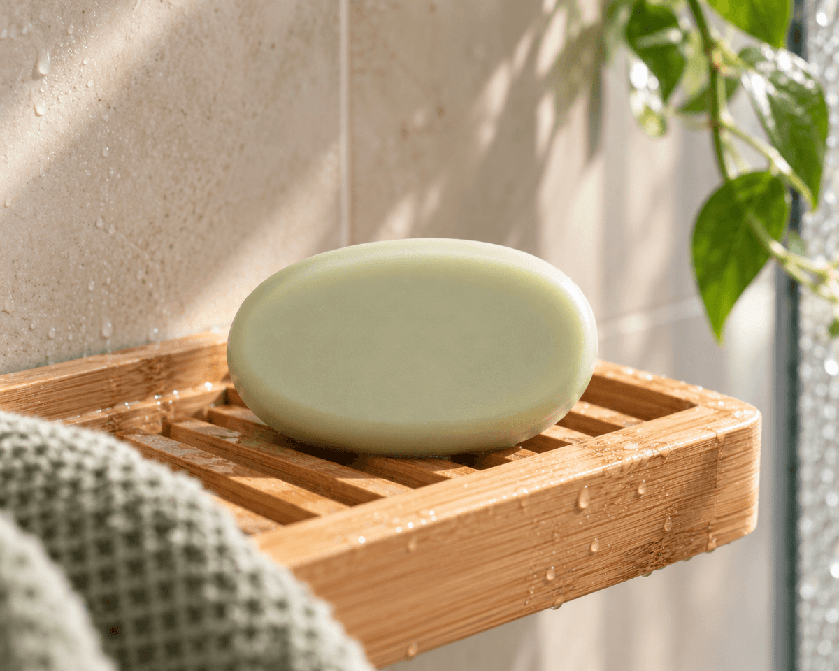 Pale green conditioner bar resting on a wet bamboo dish in a softly lit bathroom.