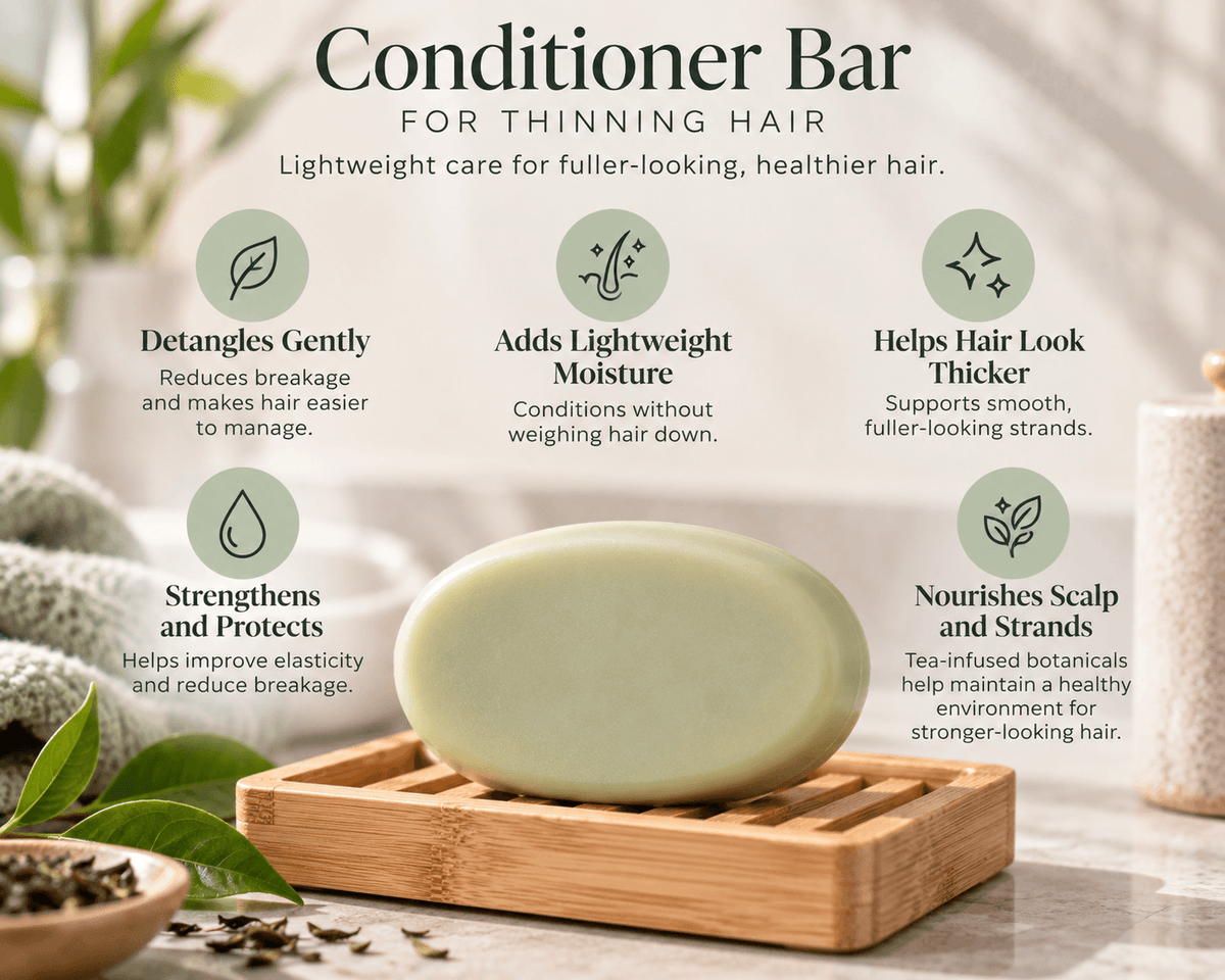 Green Tea Conditioner Bar for thinning hair on a bamboo dish with five benefits highlighting detangling, lightweight moisture, fuller-looking hair, strength, and nourishment.