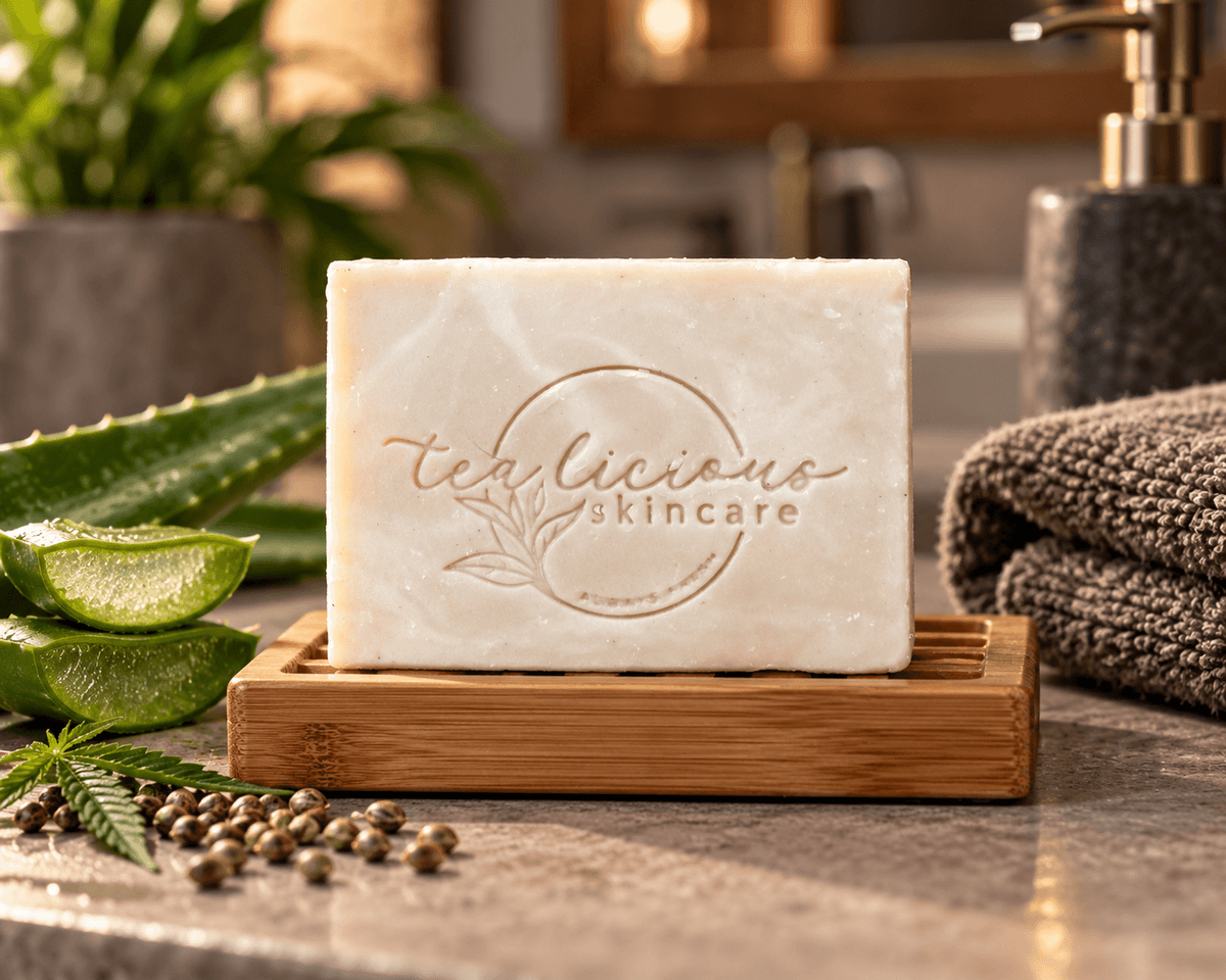 Tea-Licious Hemp Tea & Aloe Vera Men’s Soap Bar on a bamboo soap dish in a warm bathroom setting.