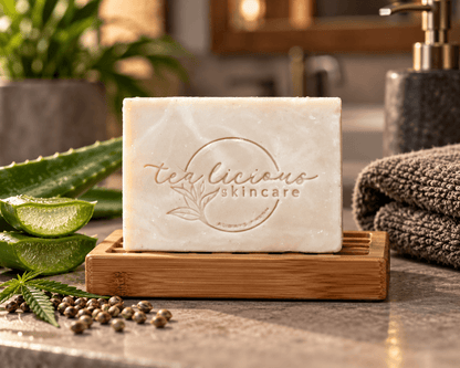 Tea-Licious Hemp Tea & Aloe Vera Men’s Soap Bar on a bamboo soap dish in a warm bathroom setting.