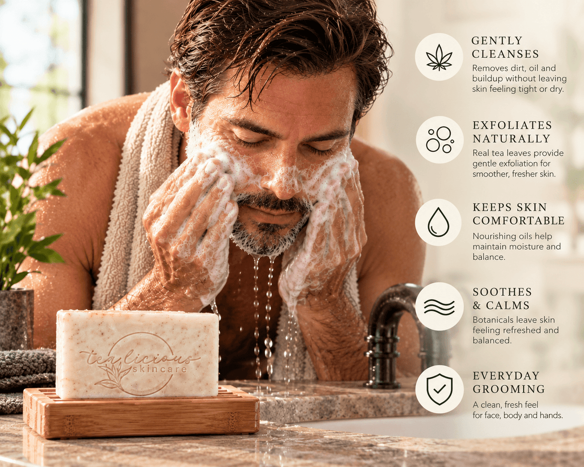 Five benefits of Hemp Tea & Aloe Vera Men’s Soap including creamy cleansing, gentle exfoliation and comfortable skin