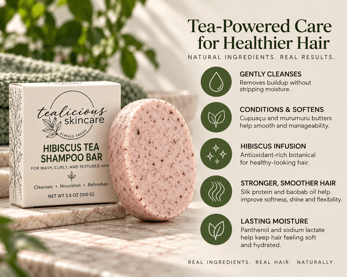 Tealicious Skincare Hibiscus Tea Shampoo Bar shown with its branded box on a styled outdoor surface, alongside a round shampoo bar and a vertical marketing infographic about tea-powered hair care.