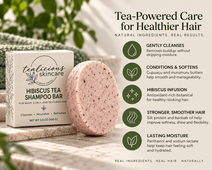 Tealicious Skincare Hibiscus Tea Shampoo Bar shown with its branded box on a styled outdoor surface, alongside a round shampoo bar and a vertical marketing infographic about tea-powered hair care.