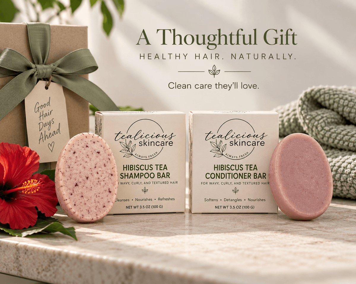 Tea-Licious Hibiscus Tea Shampoo and Conditioner Bars for wavy, curly and textured hair presented as a thoughtful haircare gift set with coordinating boxes and bars.