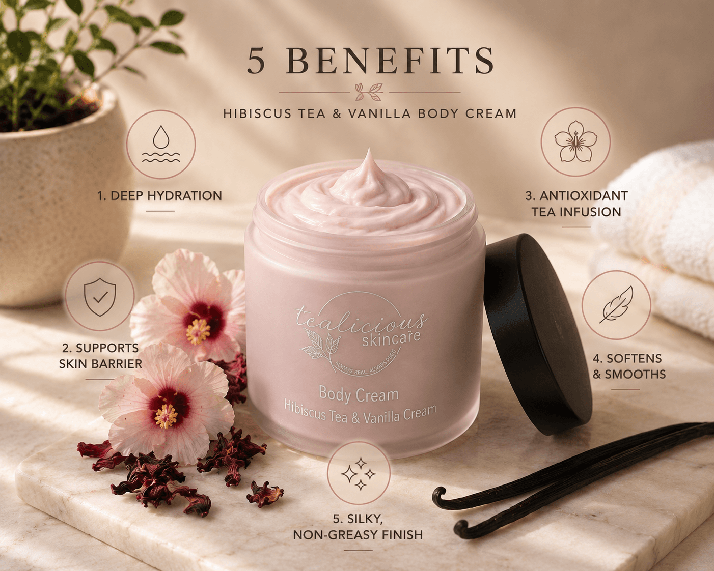 A jar of luxurious skincare body cream with its lid off, displayed on a marble surface with hibiscus flowers and vanilla beans. The image includes text overlays detailing five benefits: deep hydration, skin barrier support, antioxidant tea infusion, softening and smoothing, and a silky non-greasy finish.
