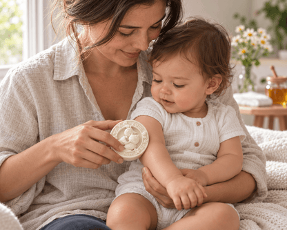 tea-licious-skincare-chamomile-and-Mother gently applying the Tea-licious Chamomile & Honey owl massage bar to her child’s arm, with chamomile flowers and honey in the background.