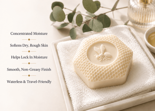 Cream-colored honeycomb solid lotion bar with embossed bee design on a white towel, with text highlighting deep moisture, softer dry skin, moisture-locking benefits, a smooth non-greasy finish, and waterless travel-friendly care.