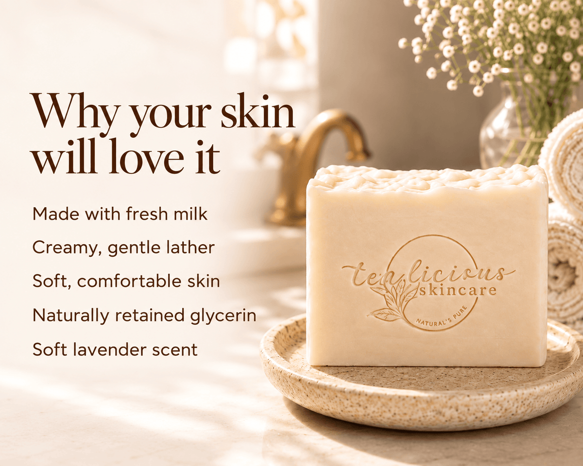 Tea-Licious Lavender & Creamy Milk Soap benefits graphic highlighting fresh milk, creamy lather, naturally retained glycerin, reduced post-wash dryness and a soft lavender aroma.