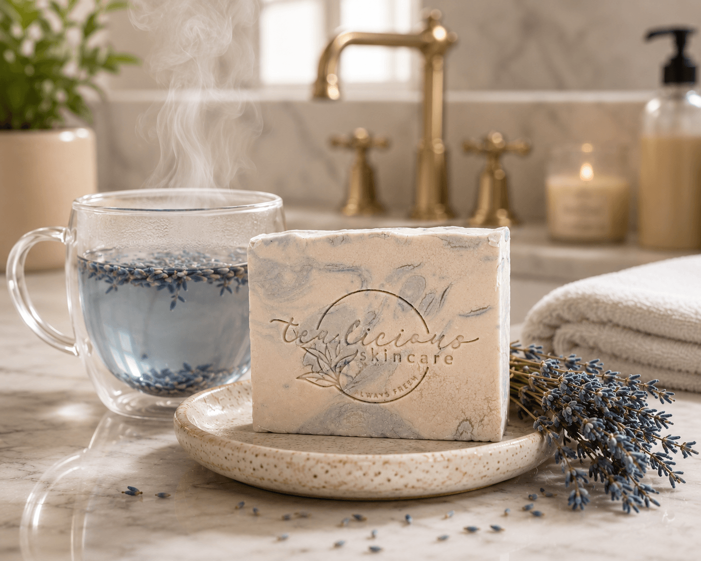 Tea-Licious Lavender Tea artisan soap displayed with key skincare benefits, including gentle cleansing, skin barrier support, reduced post-wash dryness, balanced skin, and calming tea botanicals in a warm spa-inspired setting.