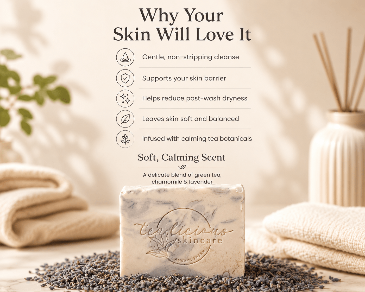 Tea-Licious Lavender Tea artisan soap displayed with key skincare benefits, including gentle cleansing, skin barrier support, reduced post-wash dryness, balanced skin, and calming tea botanicals in a warm spa-inspired setting.