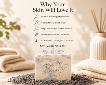 Tea-Licious Lavender Tea artisan soap displayed with key skincare benefits, including gentle cleansing, skin barrier support, reduced post-wash dryness, balanced skin, and calming tea botanicals in a warm spa-inspired setting.