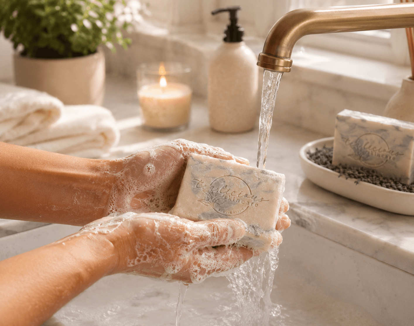 Hands washing with Tea-Licious Lavender Tea artisan soap under running water, creating a rich creamy lather in a warm spa-inspired bathroom with soft natural light.