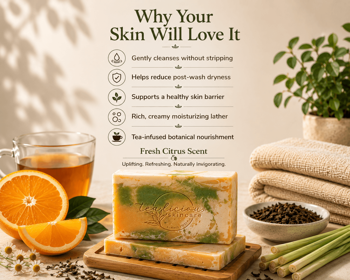 Tea-Licious Lemongrass & Orange Tea Soap Bar displayed with fresh oranges, lemongrass, and tea, highlighting five skincare benefits including gentle cleansing, skin barrier support, creamy moisturizing lather, reduced post-wash dryness, and tea-infused botanical nourishment.