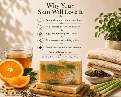 Tea-Licious Lemongrass & Orange Tea Soap Bar displayed with fresh oranges, lemongrass, and tea, highlighting five skincare benefits including gentle cleansing, skin barrier support, creamy moisturizing lather, reduced post-wash dryness, and tea-infused botanical nourishment.