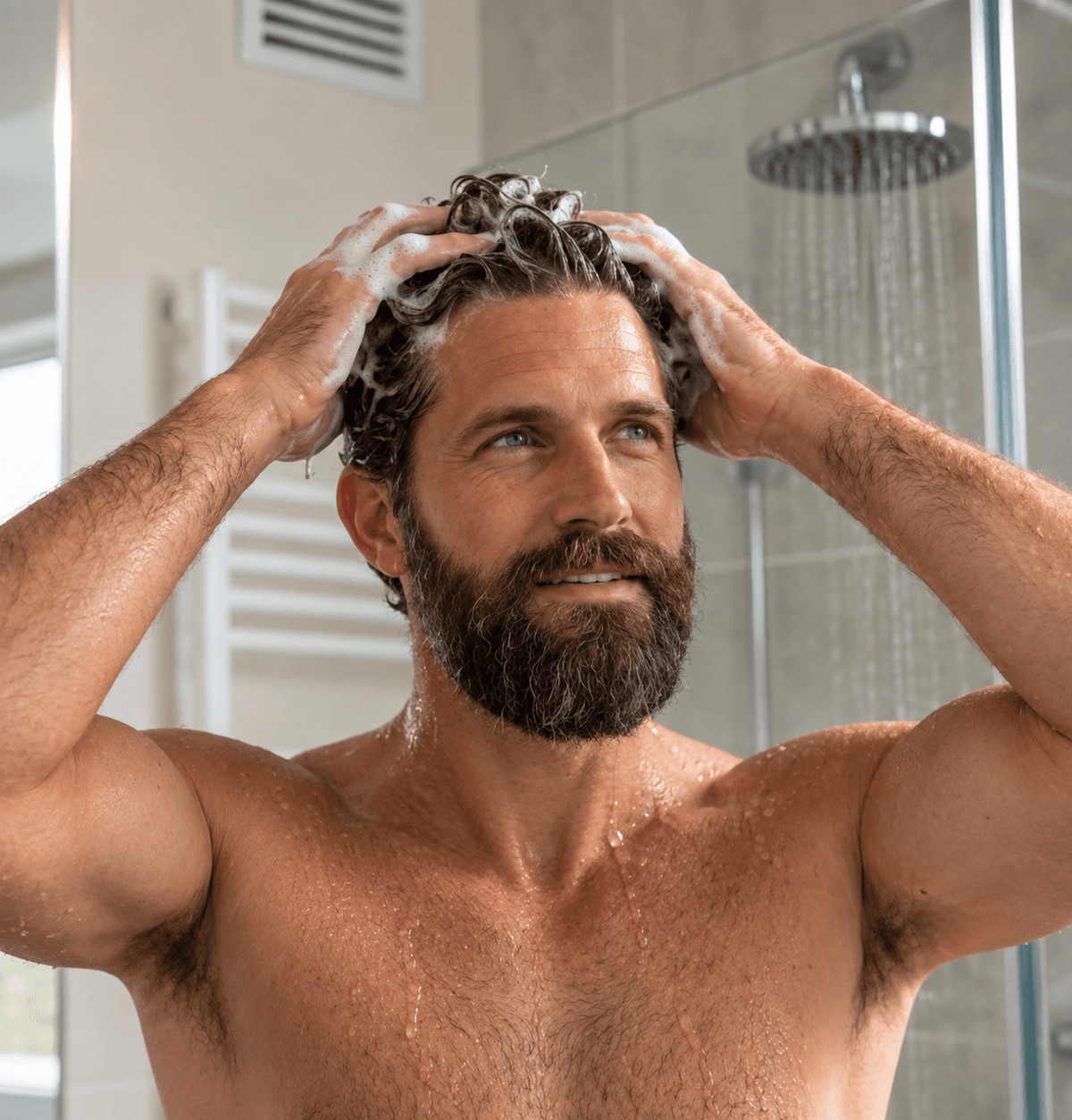 Man massaging shampoo lather into his wet hair under a shower in a bright modern bathroom.