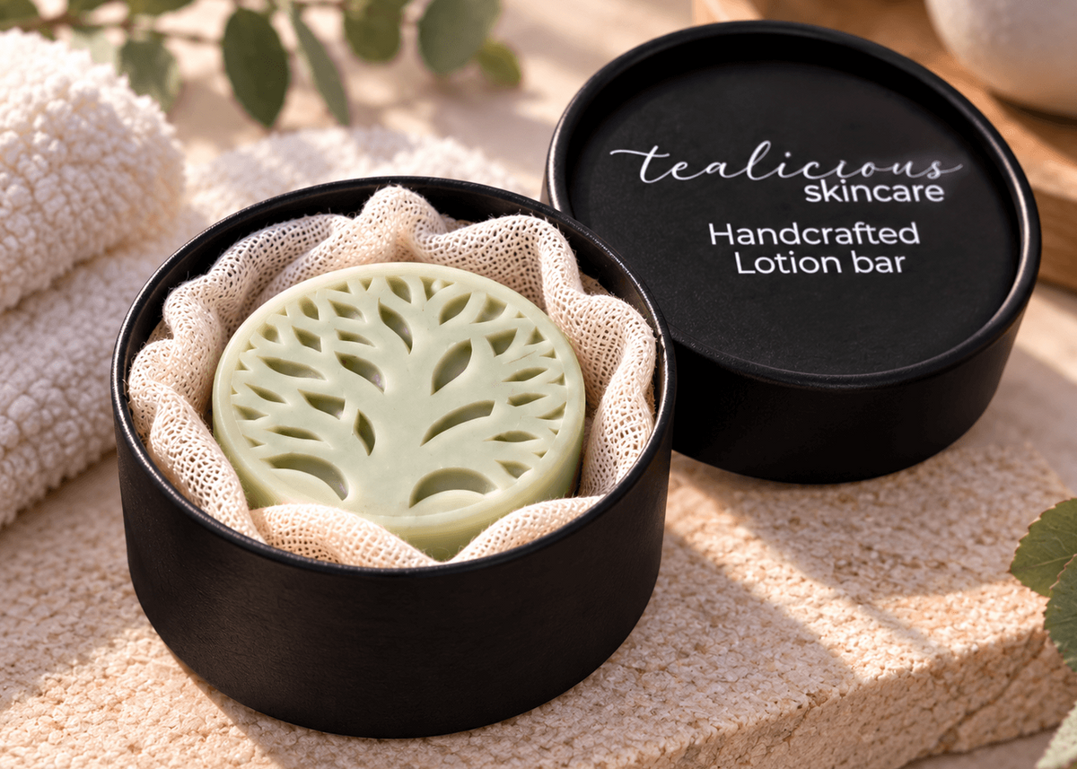 Men’s Bamboo & Hemp Satin-Glide Solid Lotion Stone in a black Tea-Licious Skincare container, styled with soft natural light and neutral spa-inspired textures.