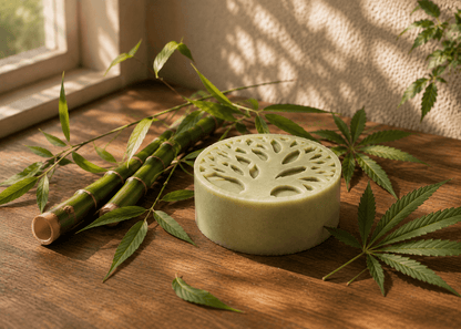 Tea-licious Bamboo & Hemp Men’s Solid Lotion Bar displayed with natural bamboo stalks and hemp leaves on a warm wooden surface, highlighting a handcrafted waterless moisturizer inspired by botanical ingredients for lasting hydration and skin barrier support.