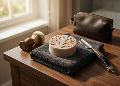 Shaving accessories including a lotion bar, shaving brush, soap, towel, and razor on a wooden surface with a window in the background.