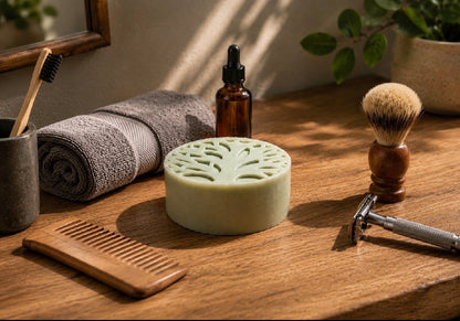 Tea-licious Black Tea Infused Men’s Solid Lotion Bar displayed with classic grooming essentials, including a safety razor, shaving brush, comb, towel, and amber bottle, highlighting a waterless moisturizer for daily men’s skincare and skin barrier support.