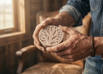 Man holding a Tea-licious Black Tea Infused Men’s Solid Lotion Bar in a warm rustic setting, highlighting the handcrafted waterless moisturizer for lasting hydration and skin barrier support.