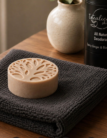 Tea-licious Black Tea Infused Men’s Solid Lotion Bar resting on a charcoal towel, showcasing a handcrafted waterless moisturizer designed to nourish dry skin and support the skin barrier.