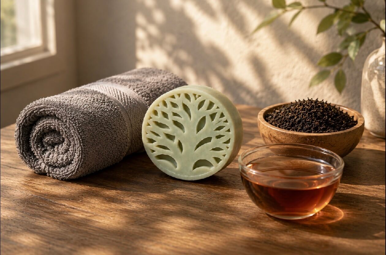 Tea-licious Black Tea Infused Men’s Solid Lotion Bar displayed with brewed black tea, loose tea leaves, and a rolled towel, showcasing a handcrafted waterless moisturizer inspired by real tea infusions for skin barrier support and lasting hydration.