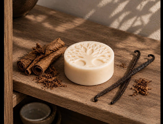 Men’s Cardamom Tea & Tobacco tea-infused solid lotion bar with a Tree of Life design displayed on a rustic wooden shelf.