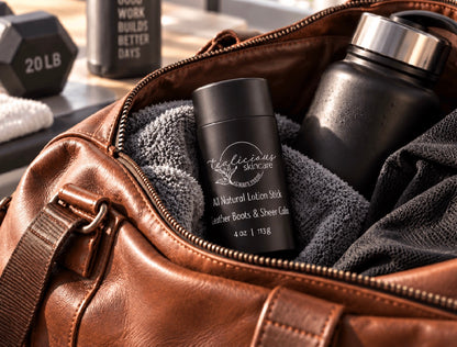 Tea-Licious men’s solid lotion stick with black lid packed in a brown leather gym bag with towel, water bottle, and workout gear.
