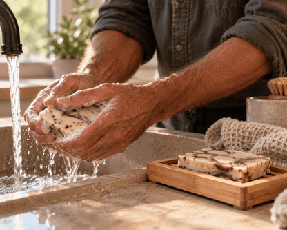 Man washing his hands with creamy-lathering Rooibos, Amber & Patchouli exfoliating tea soap.